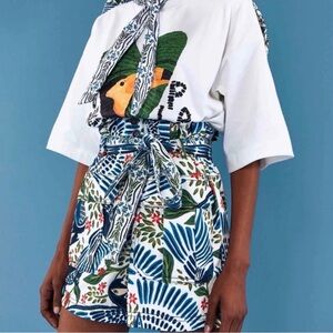 Farm Rio Blue Macaw High-Waist Paperbag Shorts with Tie Belt and Pockets, XL